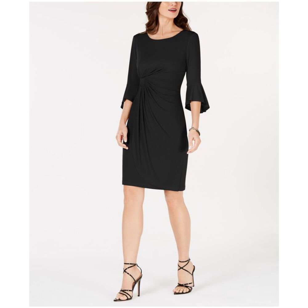 Connected Apparel Womens Jersey Ruched Bell Sleeve Sheath Dress, Black, Petit...